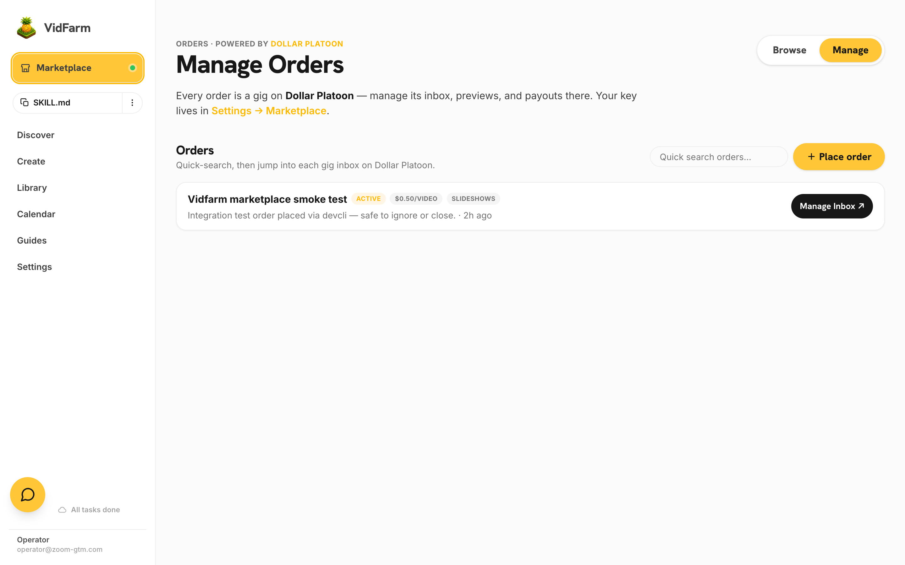 The Manage Orders page: a searchable list of orders, each row showing the title, an active status pill, videos-wanted and price-per-video pills, category tags, the brief excerpt with relative time, and a 'Manage Inbox ↗' button that deep-links into the Dollar Platoon gig dashboard.