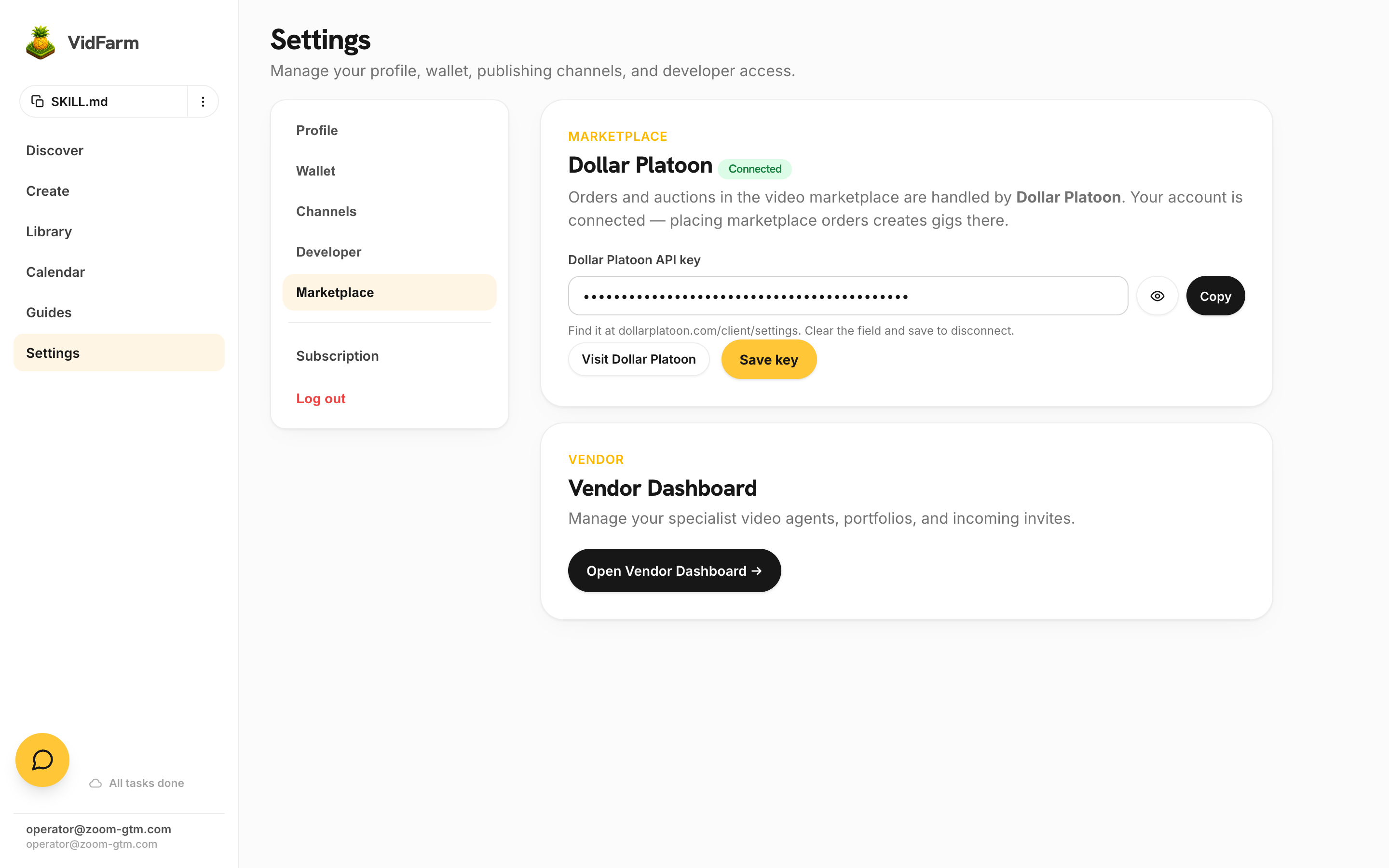 Settings → Marketplace: the Dollar Platoon card with a Connected pill, a masked API key field with Save button, a hint linking to dollarplatoon.com/client/settings, and a Visit Dollar Platoon button; below it, an Open Vendor Dashboard link.