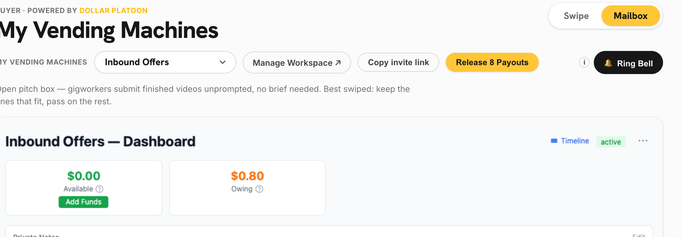 The Inbound Offers dashboard on the Mailbox tab: an Available balance tile with a green Add Funds button, an Owing tile, and a gold Release Payouts button in the header.