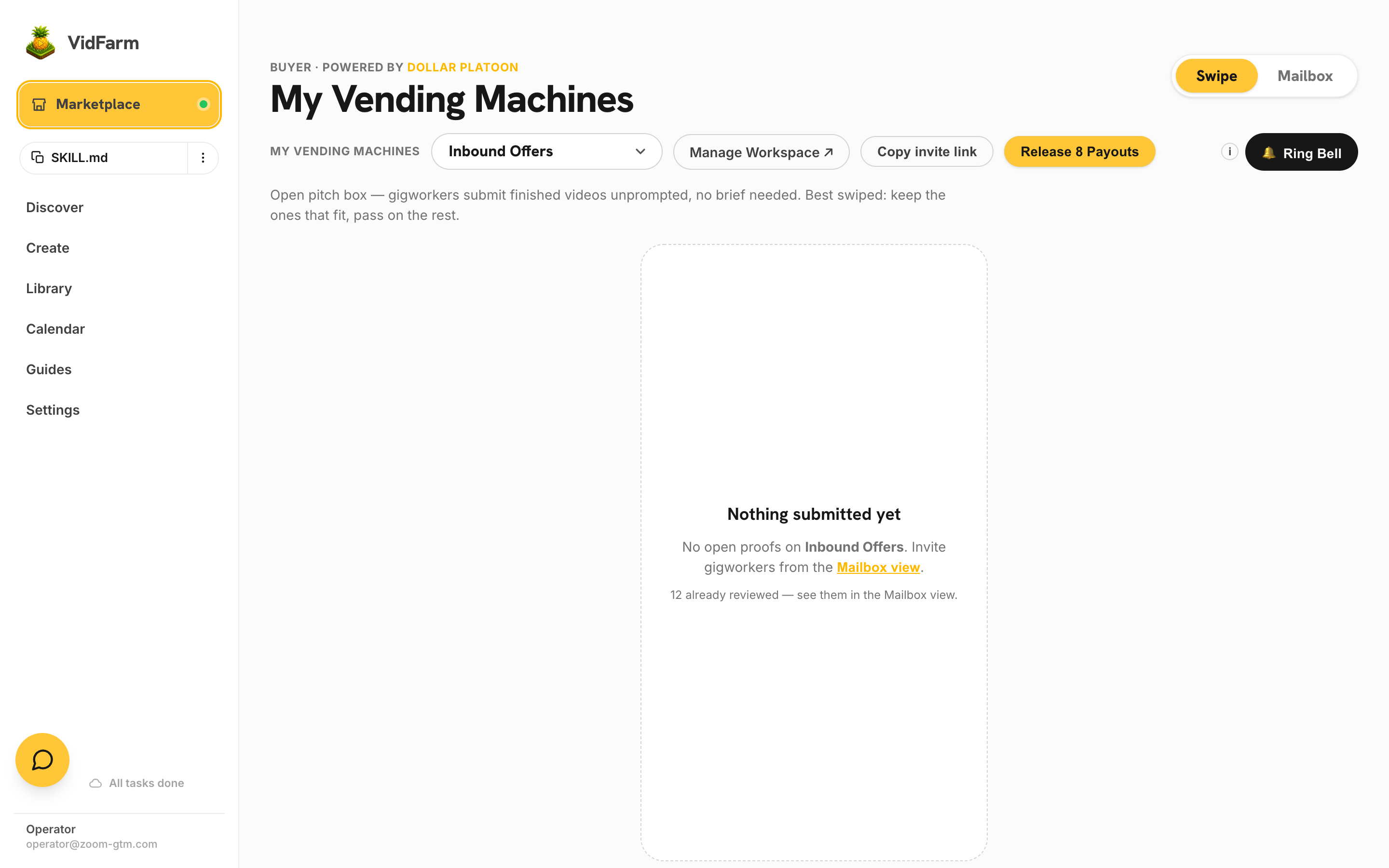 The My Vending Machines page: a machine dropdown set to Inbound Offers, Manage Workspace and Copy invite link buttons, a gold Release Payouts button, a Ring Bell button, Swipe and Mailbox tabs, and an empty swipe deck reading 'Nothing submitted yet'.