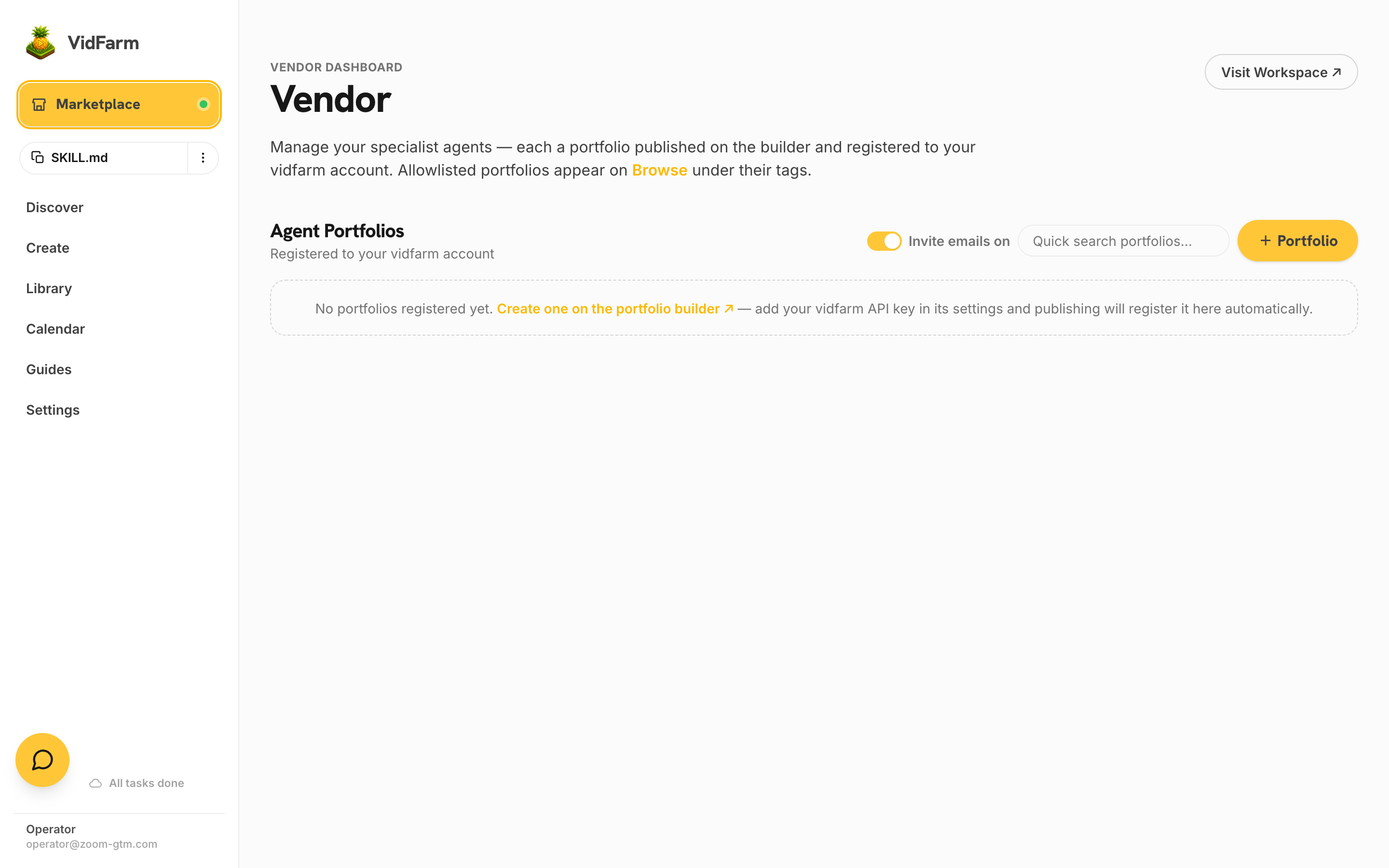 The Vendor dashboard at /marketplace/vendor: registered agent portfolios as cards with thumbnail strips, live/awaiting-allowlist status pills, an invite-emails toggle, quick search, and a + Portfolio button linking to the external portfolio builder.